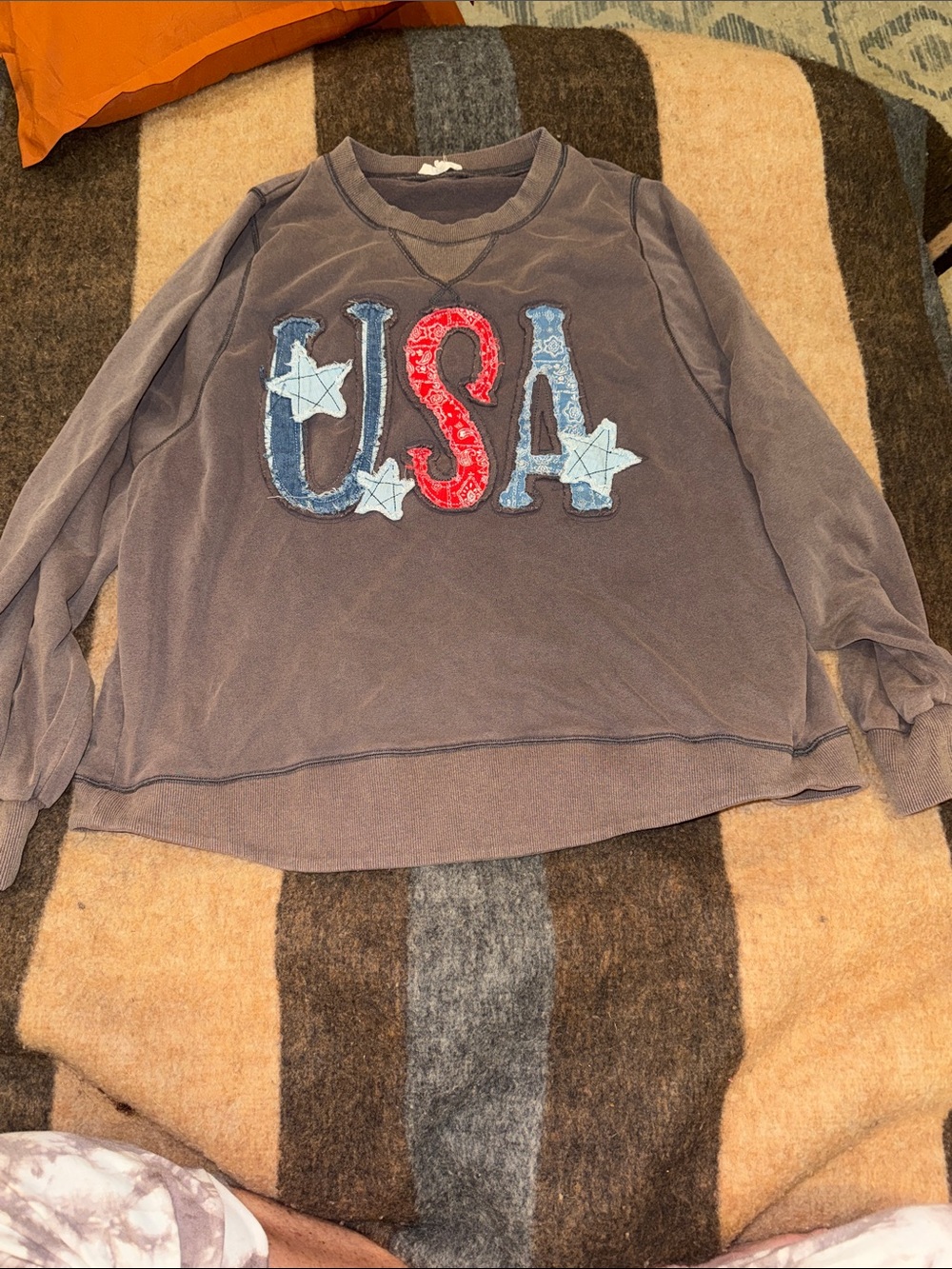 easel Brown Crewneck Sweater with Red & Blue USA Appliqué